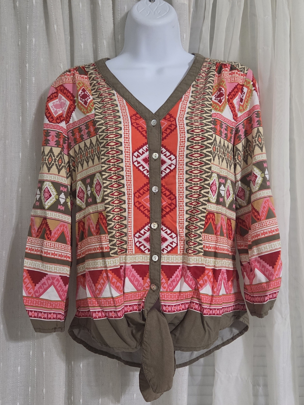 Ruby Rd. Button-Front V-Neck Printed Blouse with Tie Waist